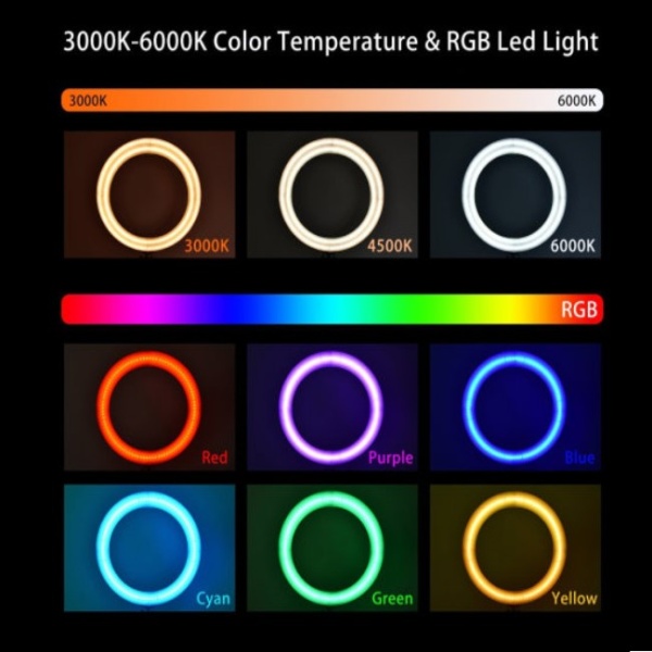Кольцевая лампа RGB LED WH с пультом и штативом, 35 см